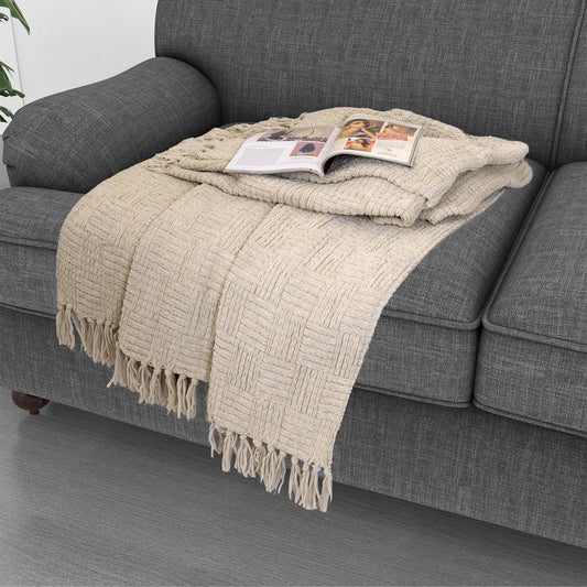 Kathy Ireland Oversized Chenille Fringed Basket Throw 50” X 70” - Stone