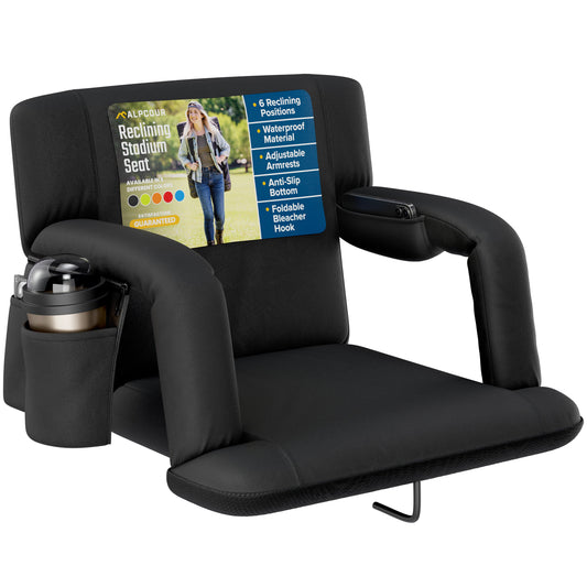 Black stadium seat with armrests, cup holder, and screen displaying product features on a white background.