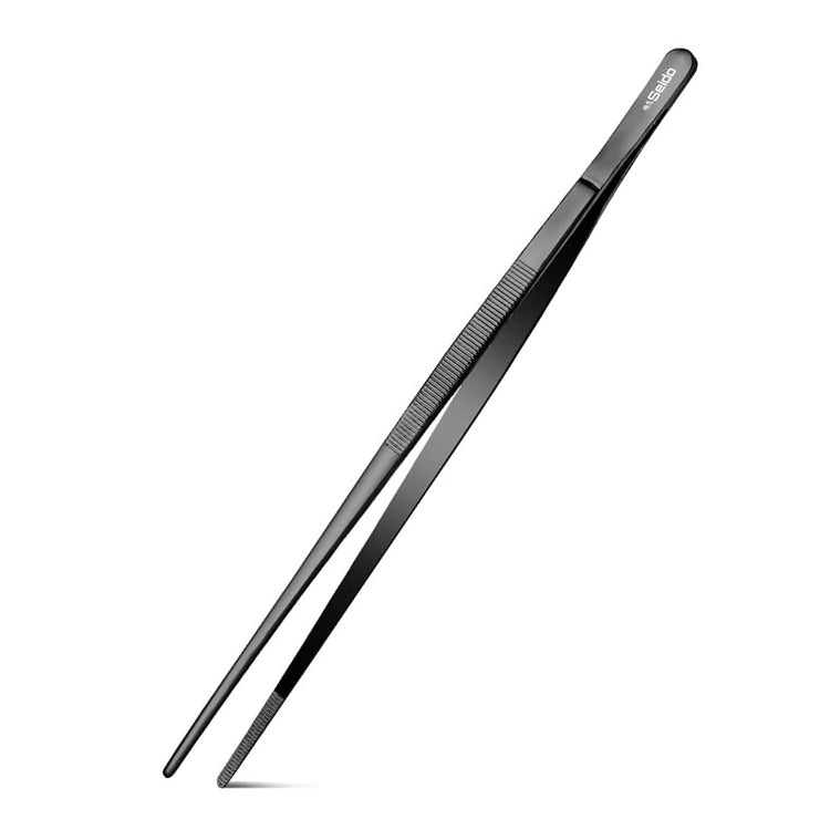 Straight plating tweezer (8.25 in / 210 mm) full length view with ribbed grip on a white background.