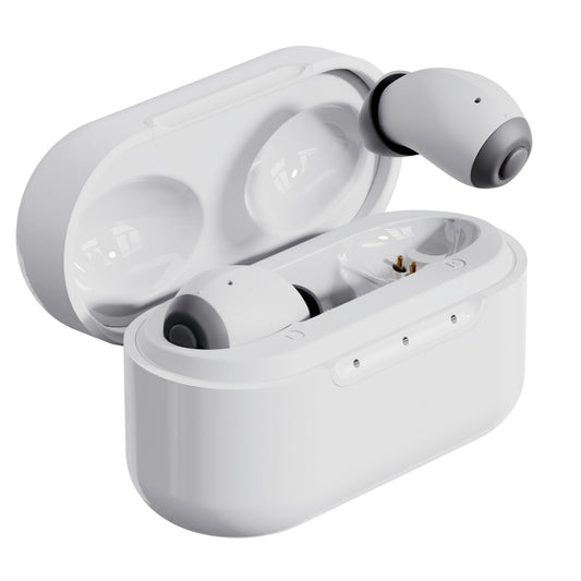 White wireless earbuds with charging case on a white background