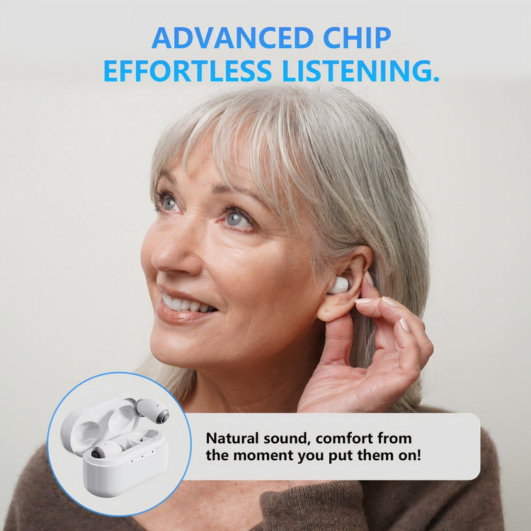 Woman wearing a hearing aid with text about advanced chip technology and natural sound experience.