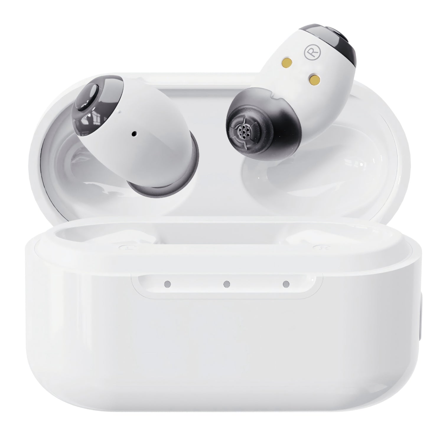 White wireless earbuds with charging case on a white background
