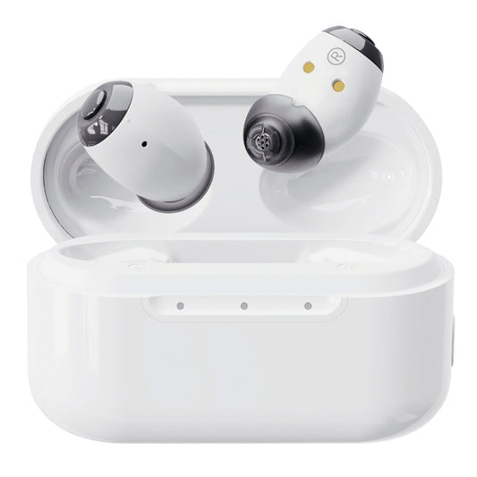 White wireless earbuds with charging case on a white background