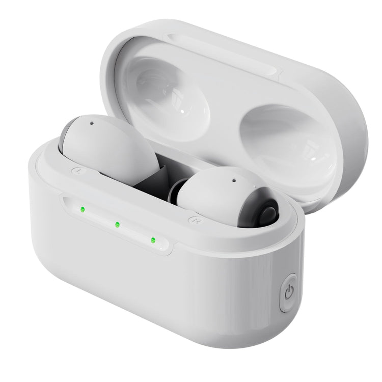 White wireless earbuds in charging case on a white background