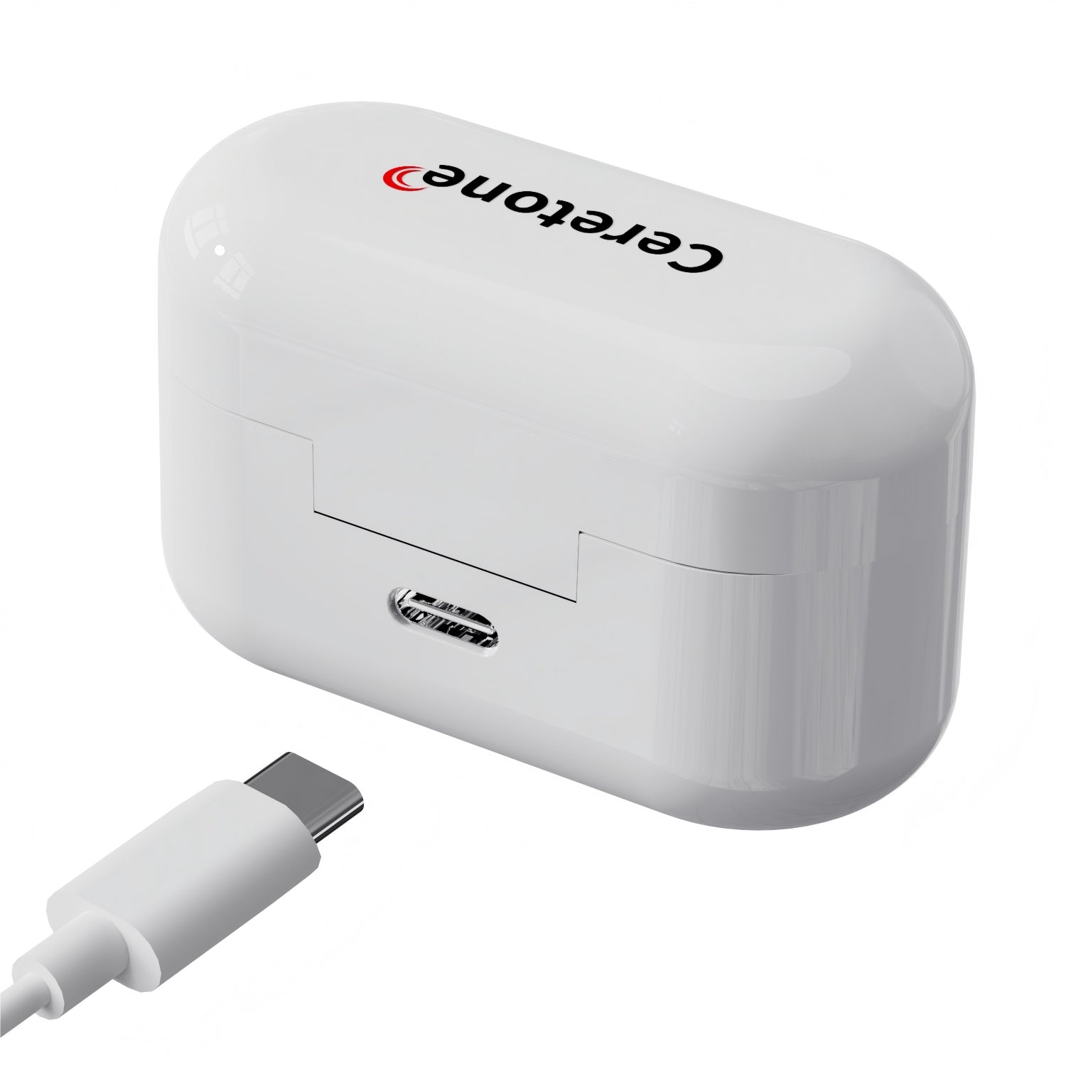White electronic device with USB-C cable on a white background, featuring the Cere tone logo.