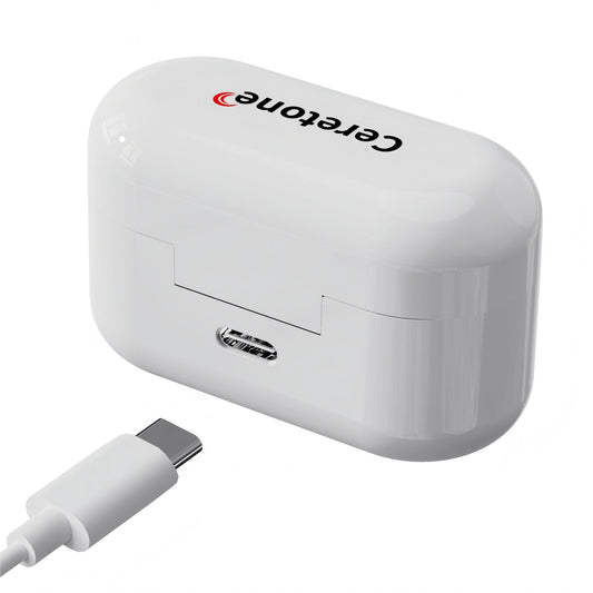 White wireless earbuds with charging case on a white background