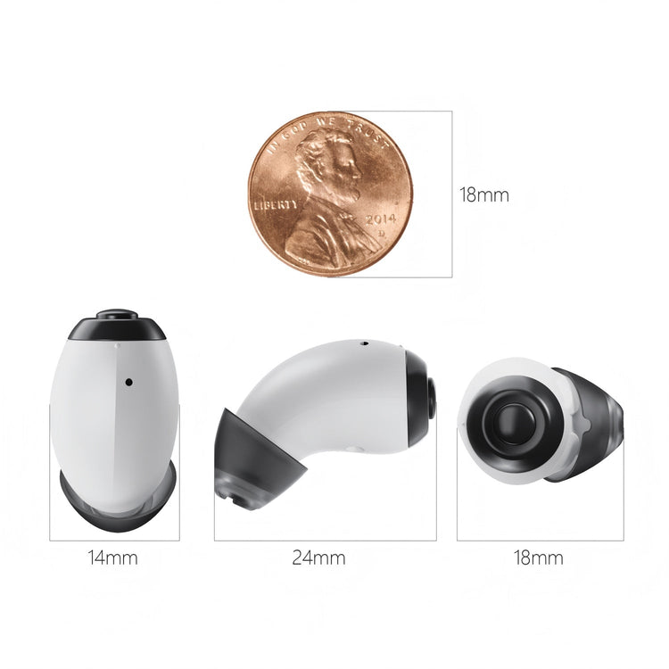 Three white electronic devices with measurements and a penny for scale on a white background