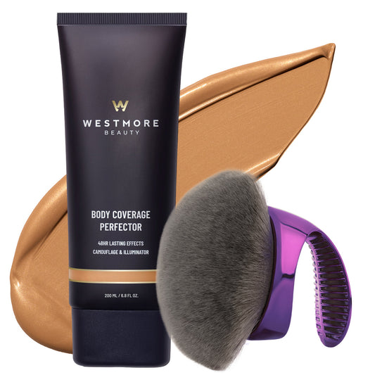Westmore Beauty Body Coverage Perfector makeup tube shown with a large metallic bronze swatch and a dual-ended applicator brush with a gray bristle head and purple handle, on a white background.