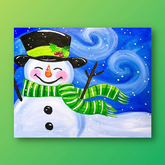 Four winter-themed greeting cards with a blue background, featuring a snowman, gnome, and snowy landscapes.