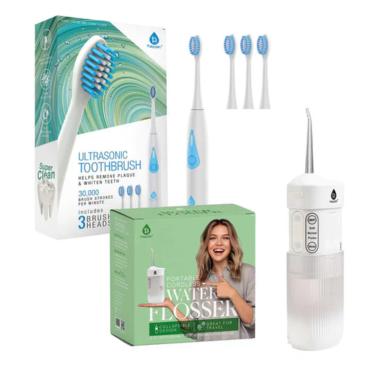 Compact Travel Oral Care Bundle: Portable USB Rechargeable Collapsible Water Flosser and Pursonic Portable Sonic Toothbrush With Three Brush Heads