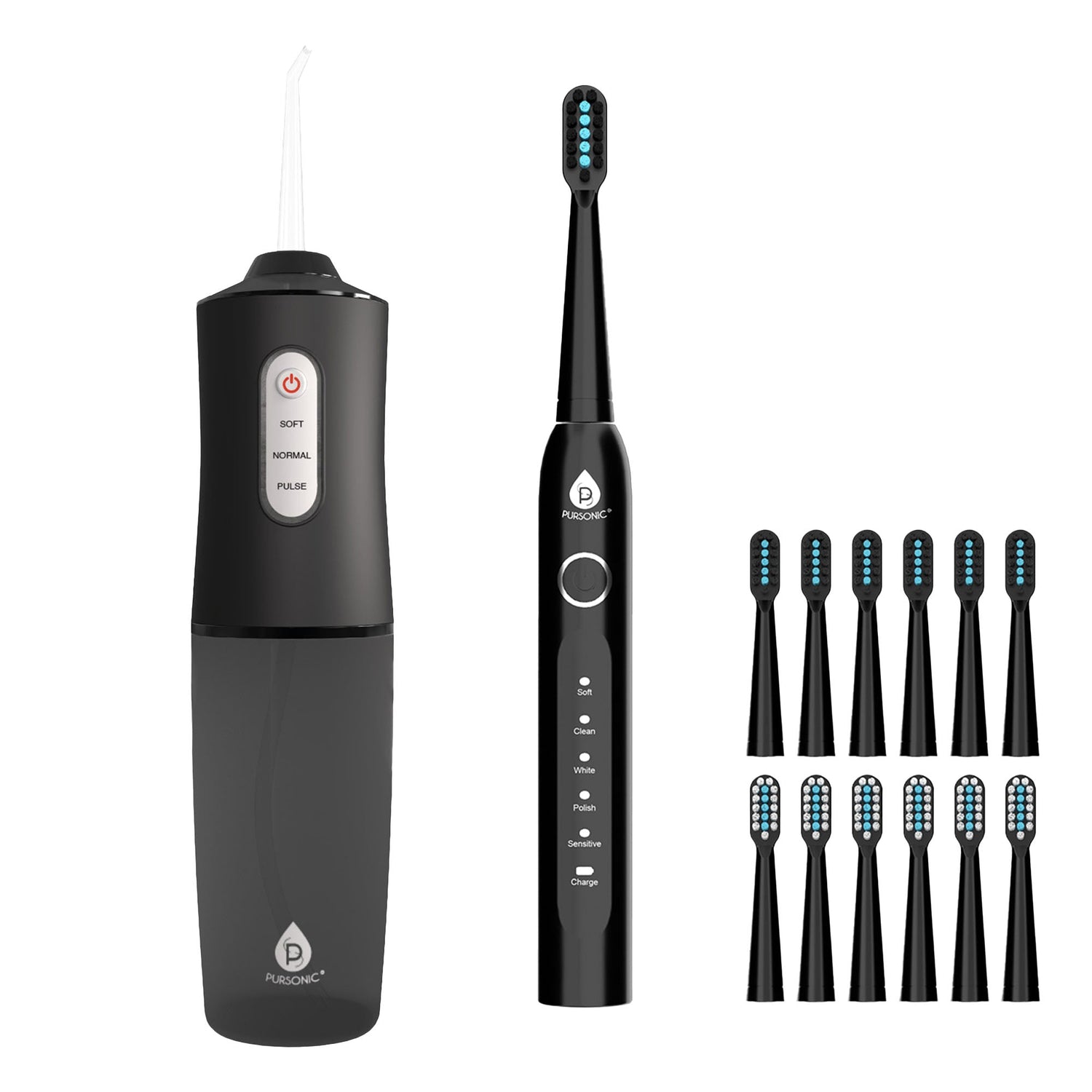 Black electric toothbrush set with multiple brush heads on a white background