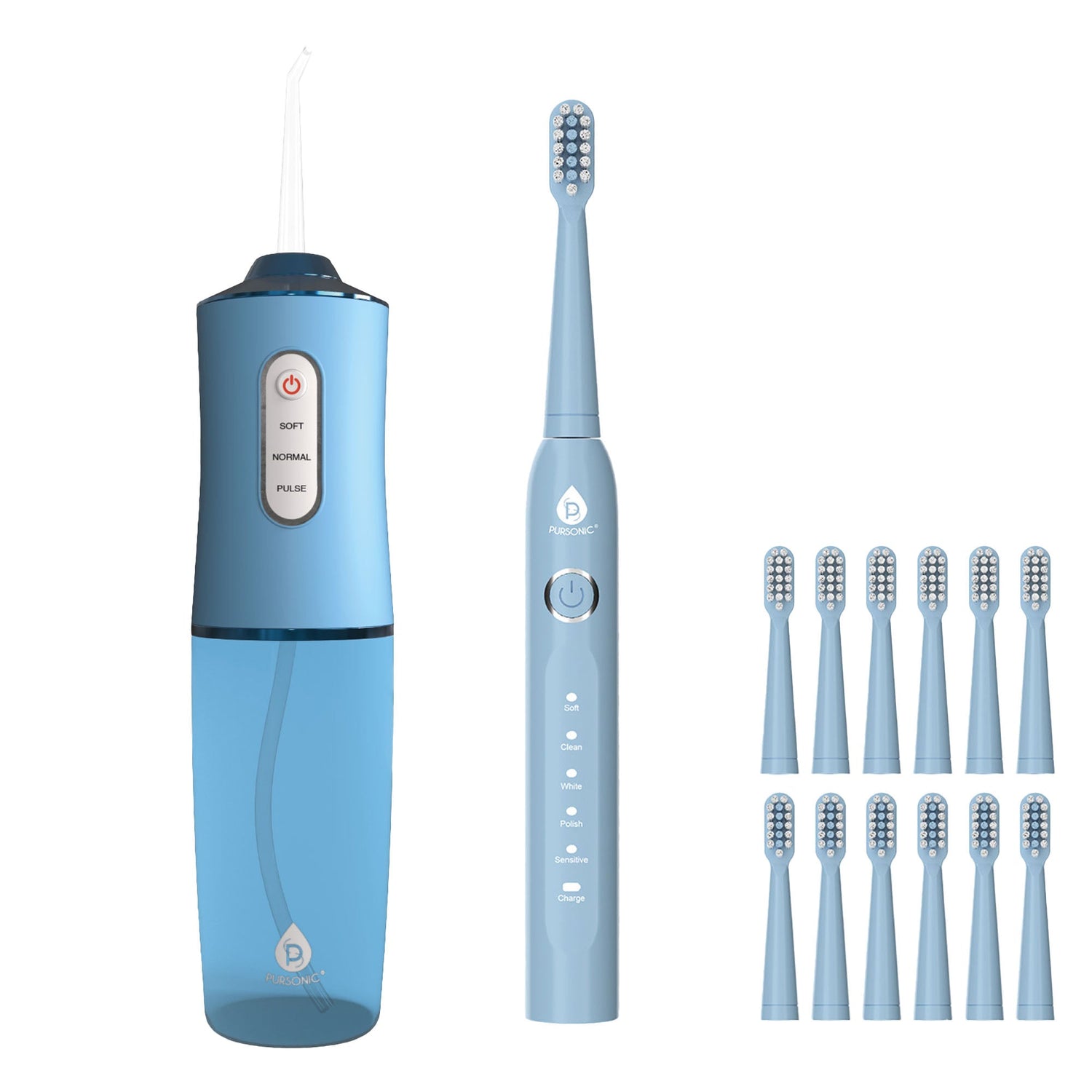 Blue electric toothbrush with multiple brush heads on a white background