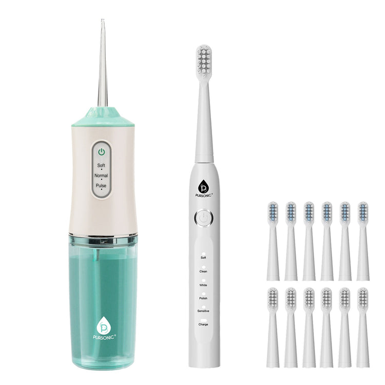 Electric toothbrush set with multiple brush heads on a white background