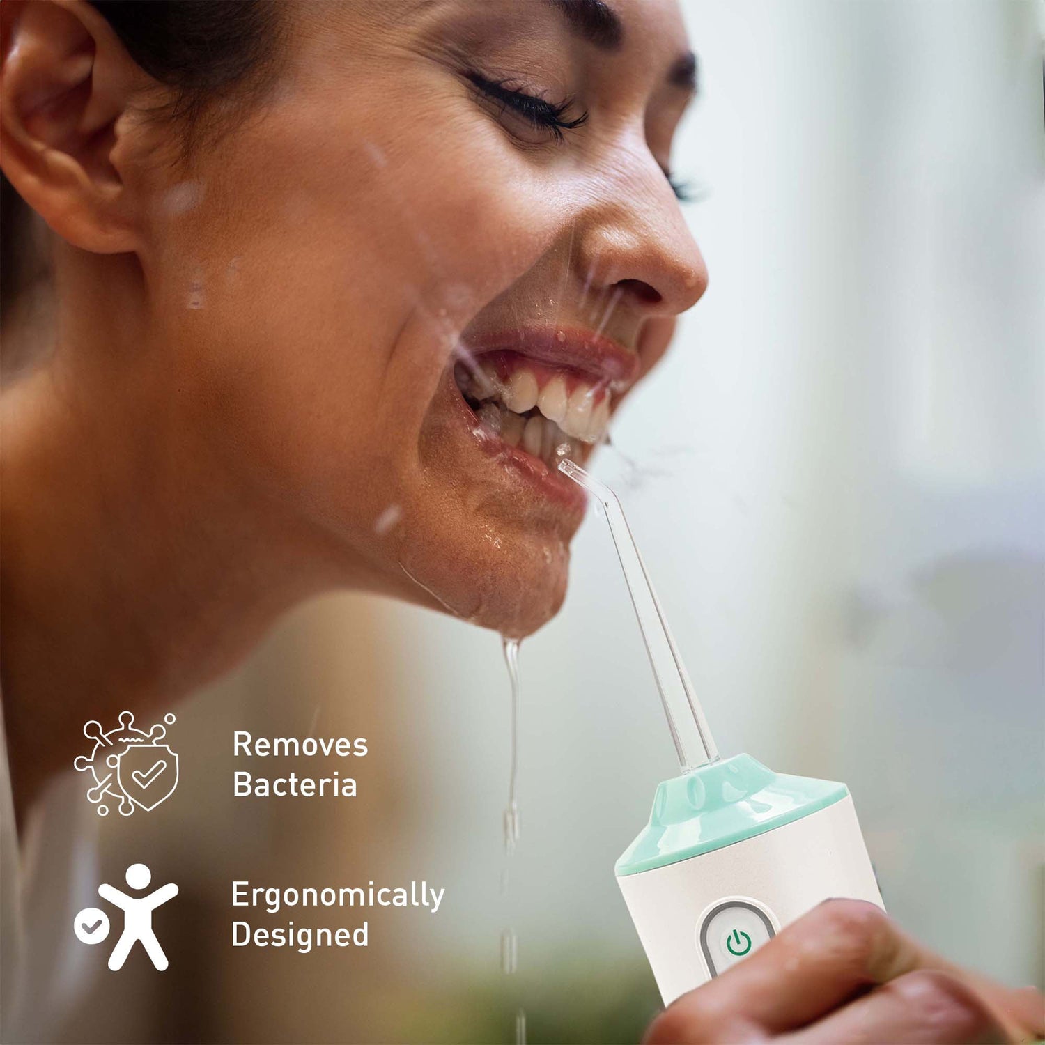 Woman using a dental water flosser with product features highlighted.