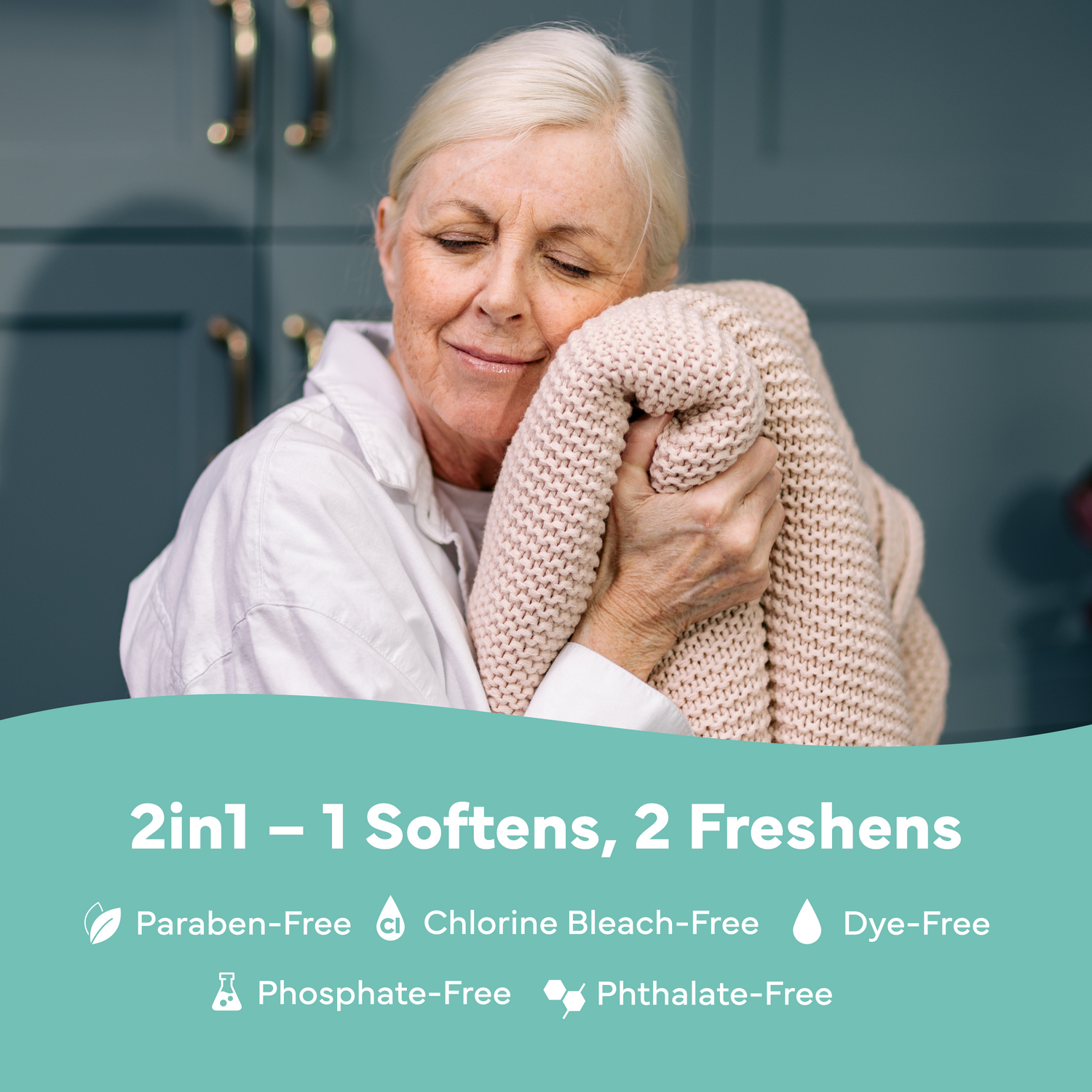 Woman hugging a pink blanket with product features displayed below.