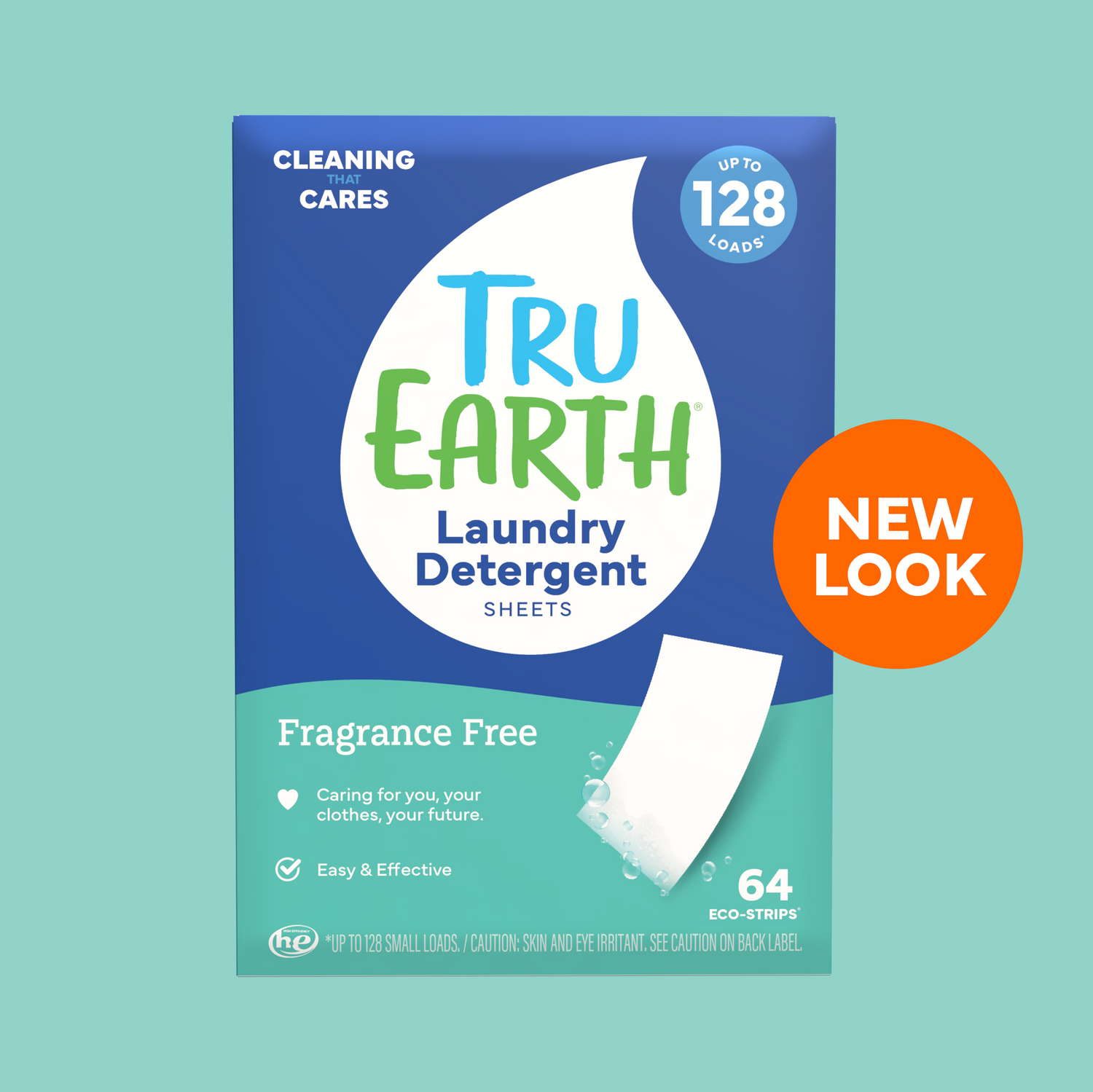 Tru Earth laundry detergent sheets packaging on a teal background