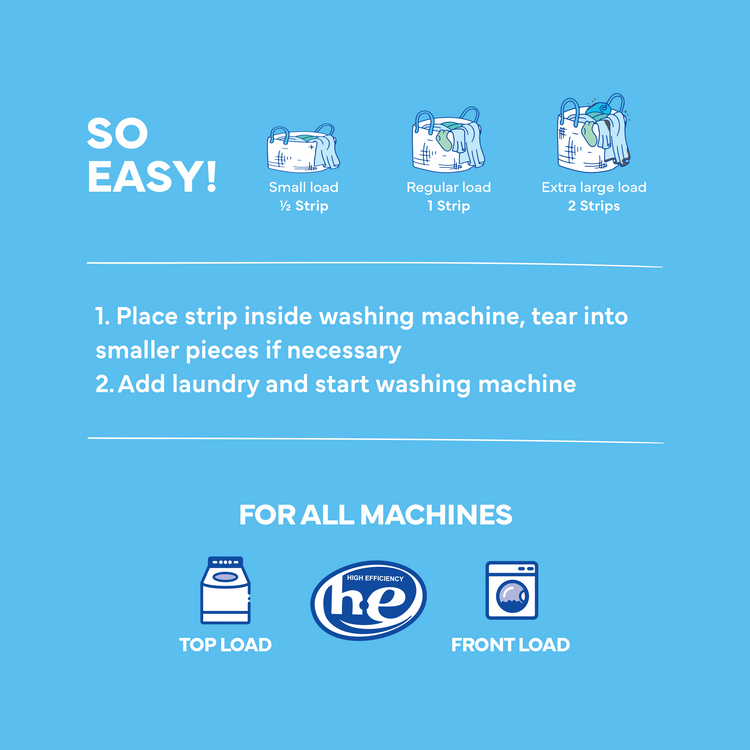 Instructions for using laundry strips on a blue background with HE logo.
