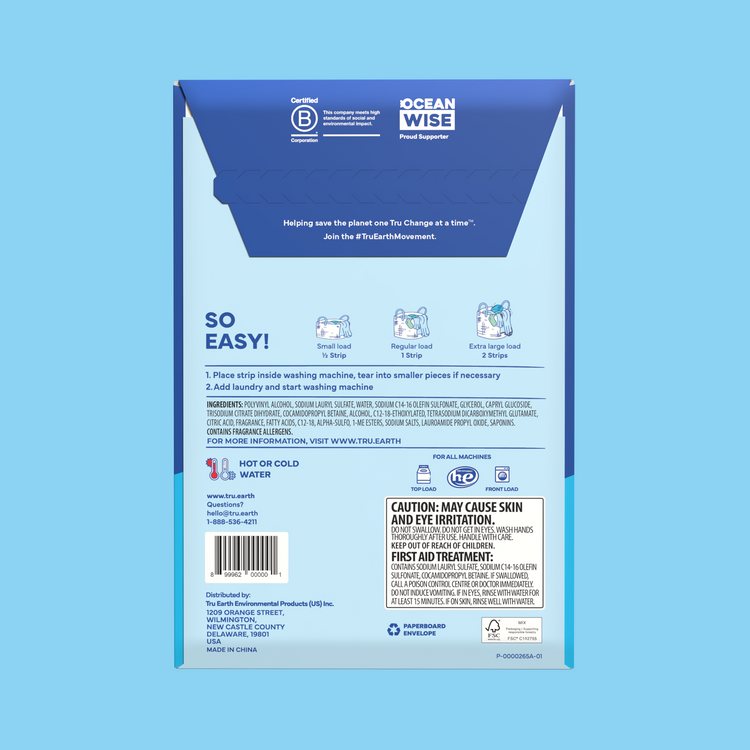 Back of a blue package with text and logos on a light blue background