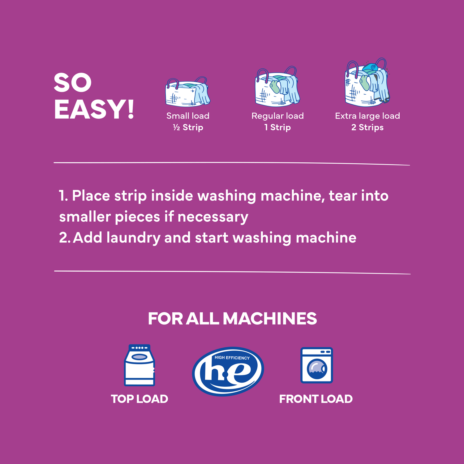Purple instructional guide for using laundry strips with icons and text on a purple background