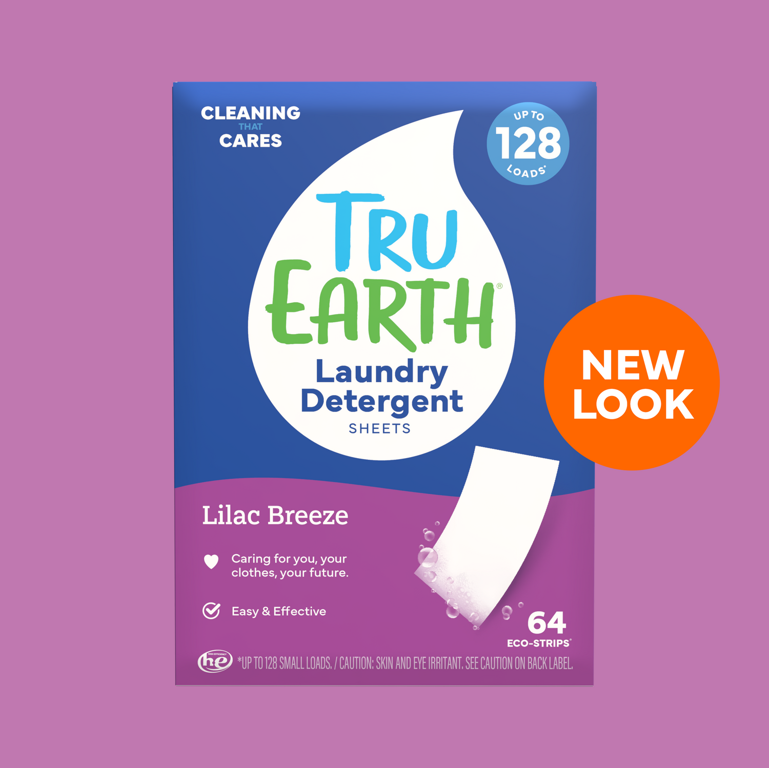 Tru Earth laundry detergent sheets packaging on a purple background