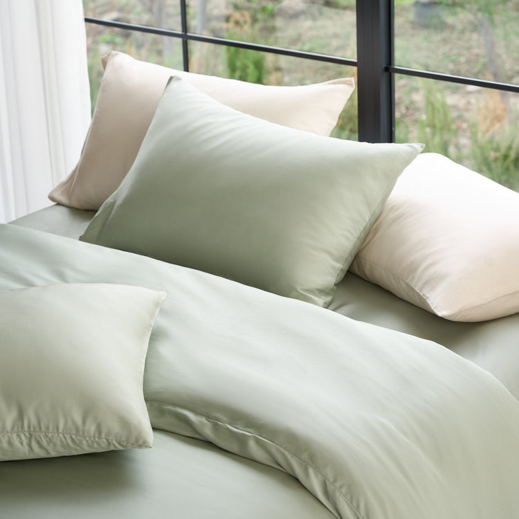 Light green bedding set with pillows on a bed in a room with large windows.