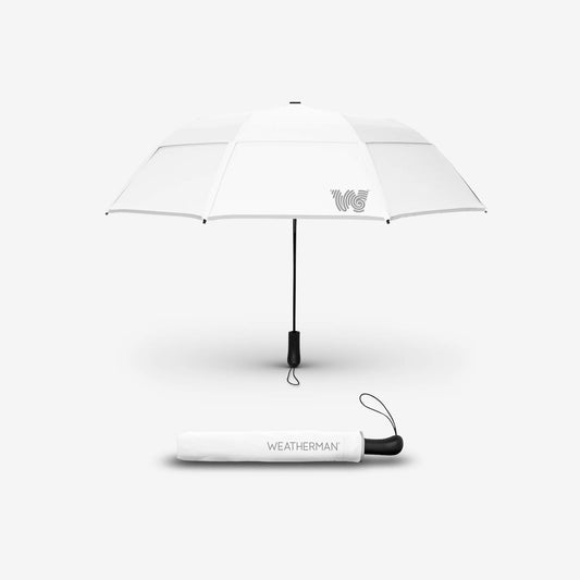 Person walking on sidewalk with Weatherman Collapsible Umbrella in white.