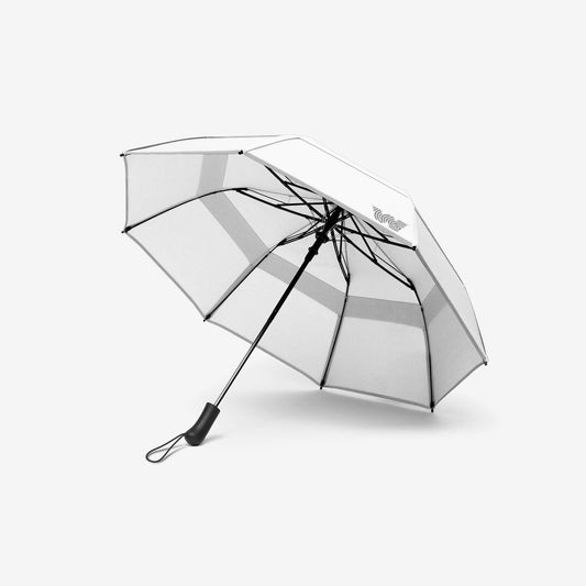 Person walking on sidewalk with Weatherman Collapsible Umbrella in white.