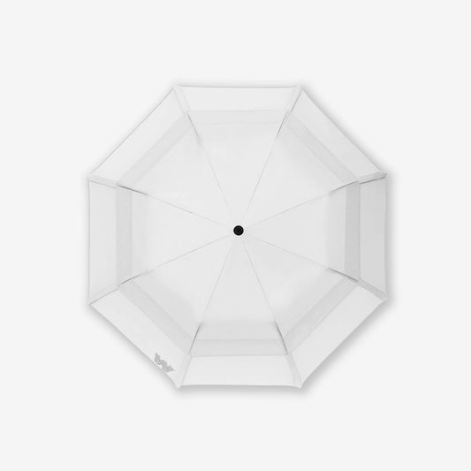 Person walking on sidewalk with Weatherman Collapsible Umbrella in white.