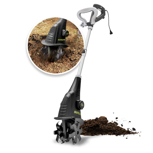 Black and silver electric tiller with a circular inset showing it in use in soil, plus a pile of turned earth on a white background.
