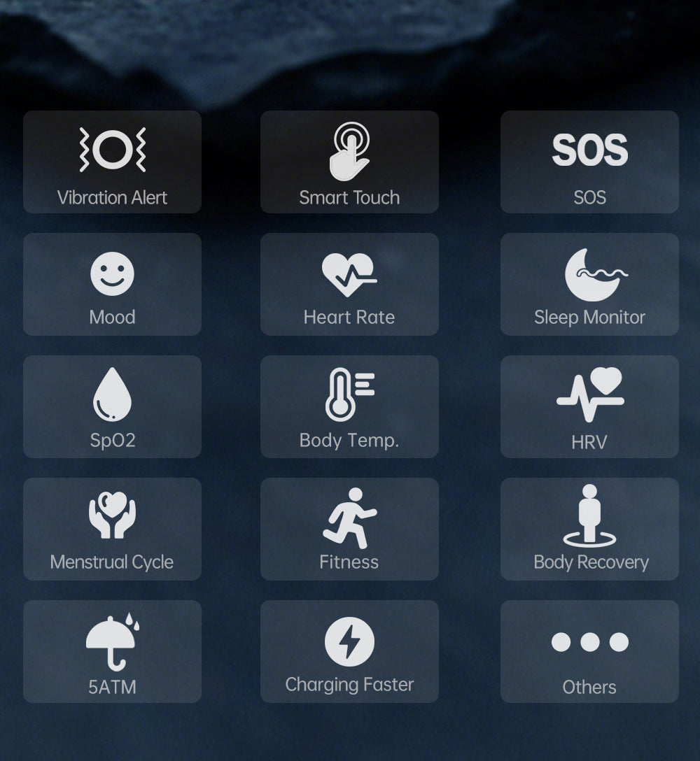 Grid of health and fitness icons on a dark background