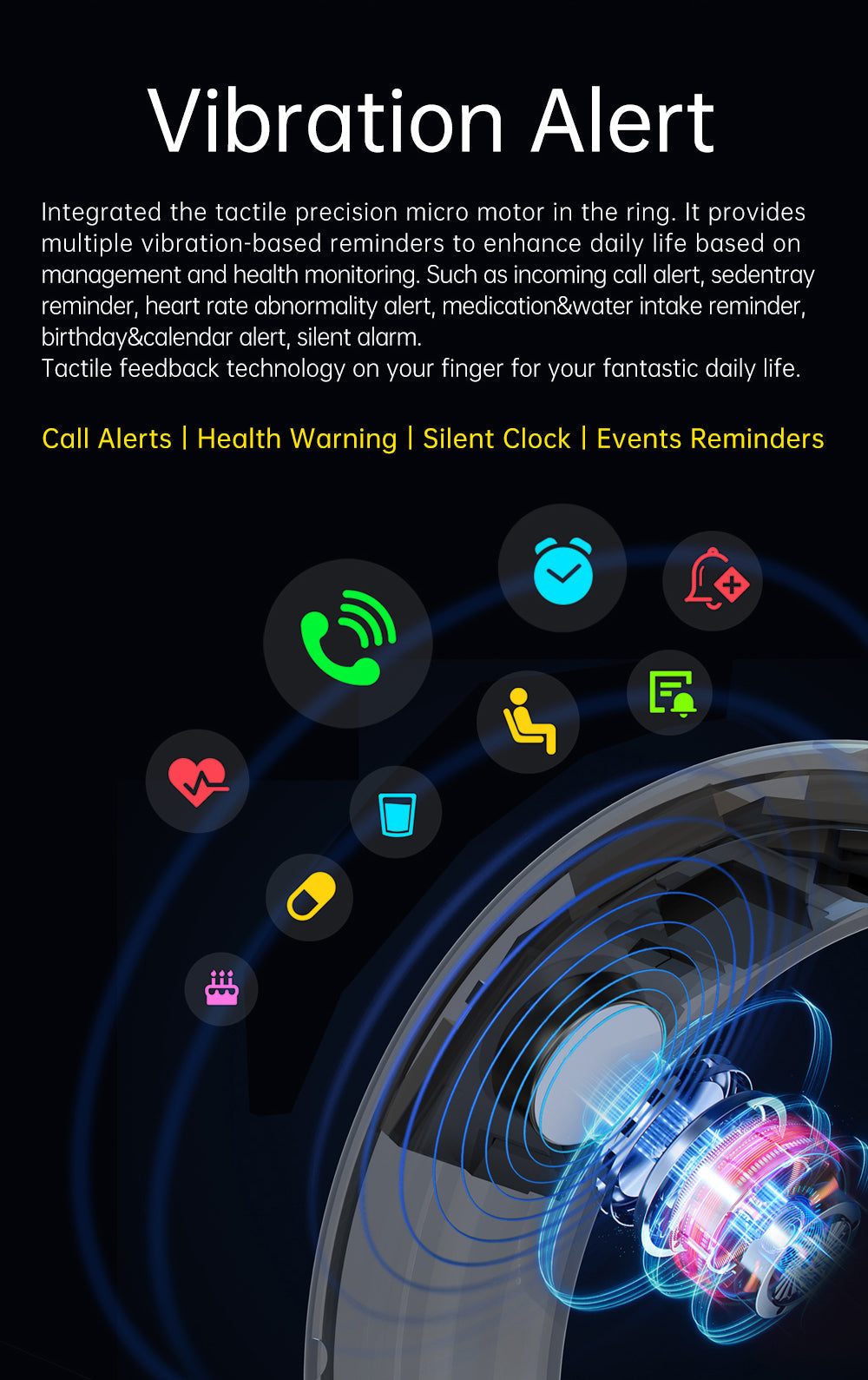 Vibration alert device with icons and text on a dark background
