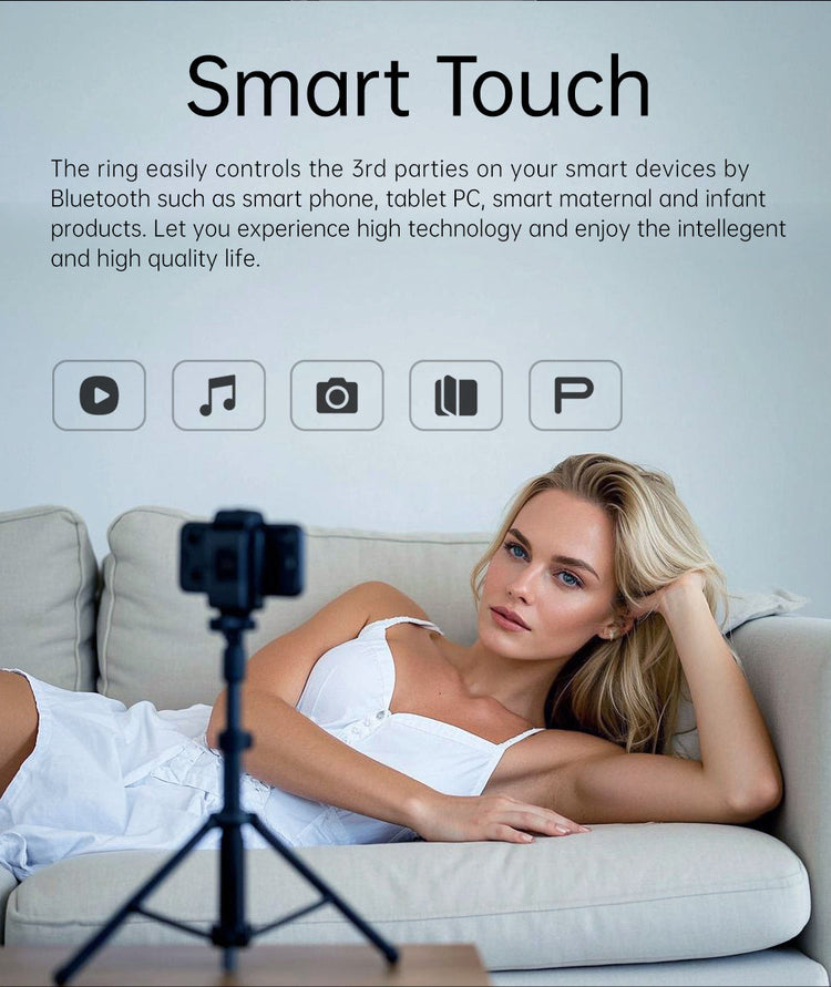 Woman lying on a couch with a smartphone on a tripod, surrounded by text about 'Smart Touch' technology.