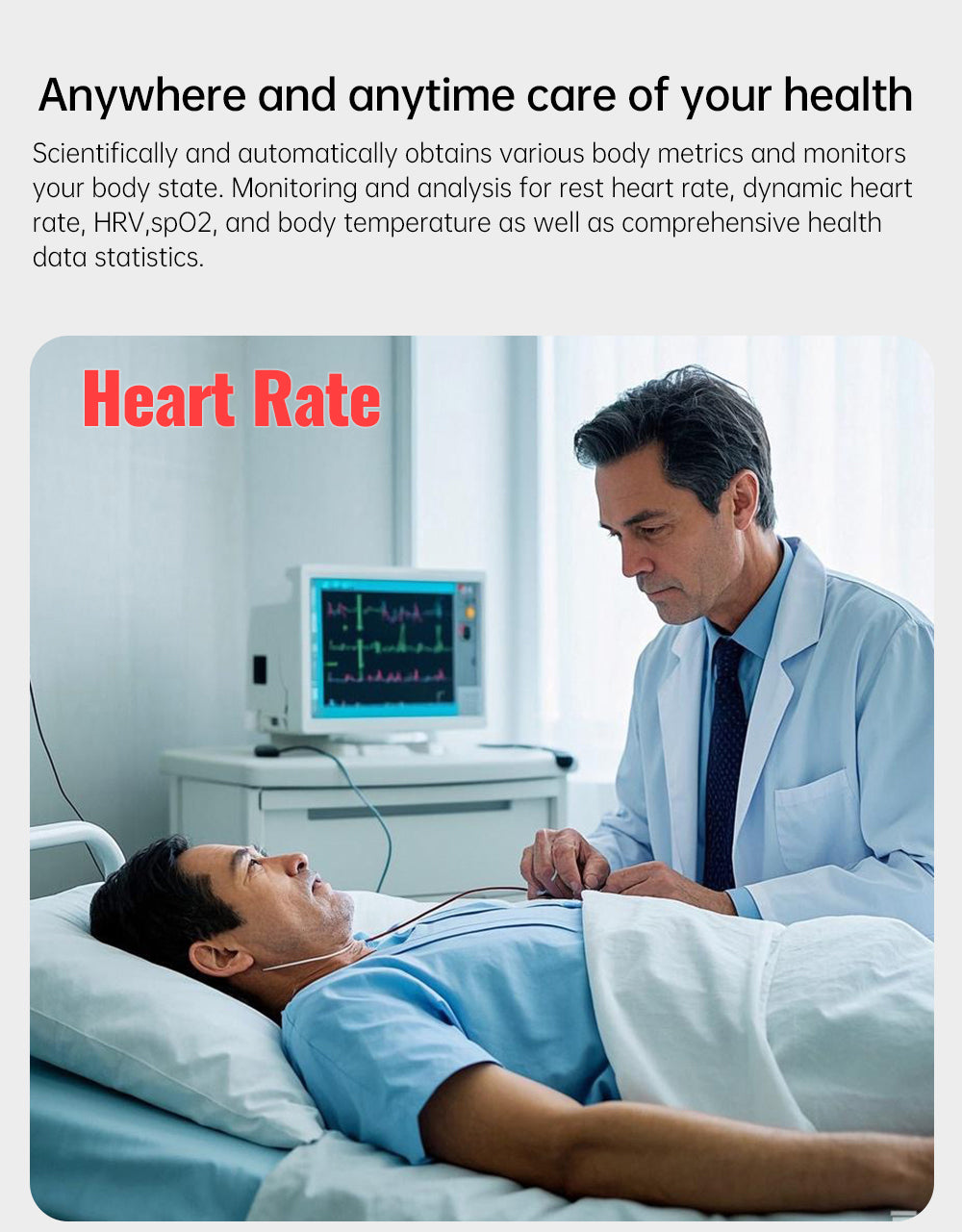 Doctor monitoring a patient's heart rate with medical equipment in a clinical setting.