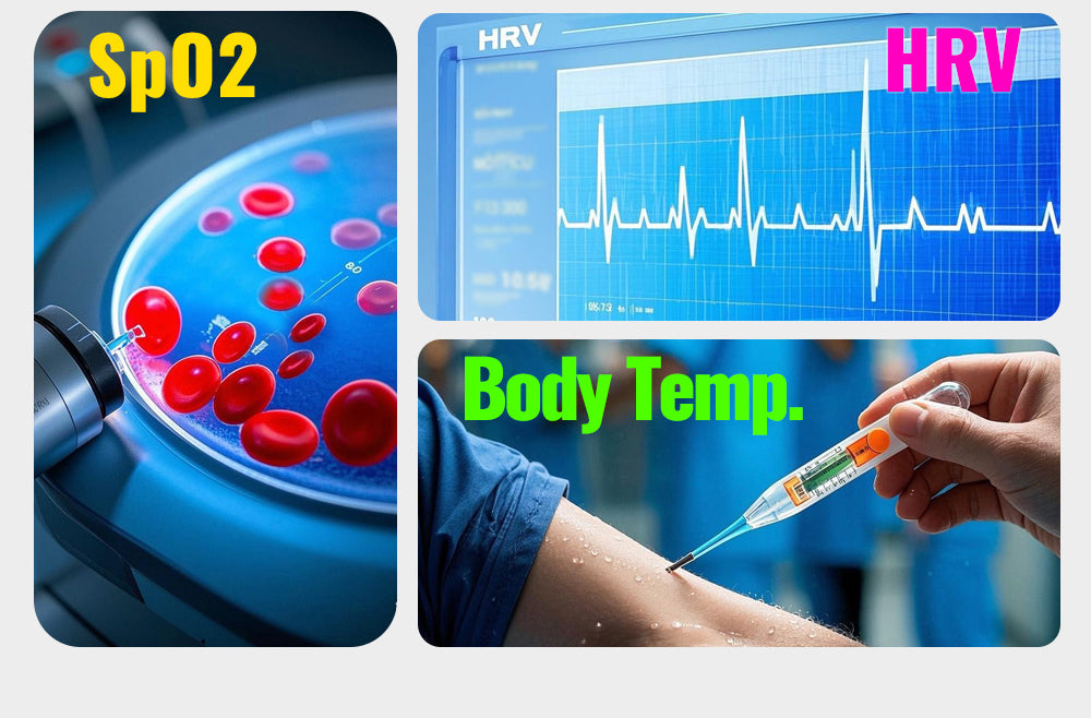 Collage of health monitoring devices including SpO2, HRV, and body temperature measurement.