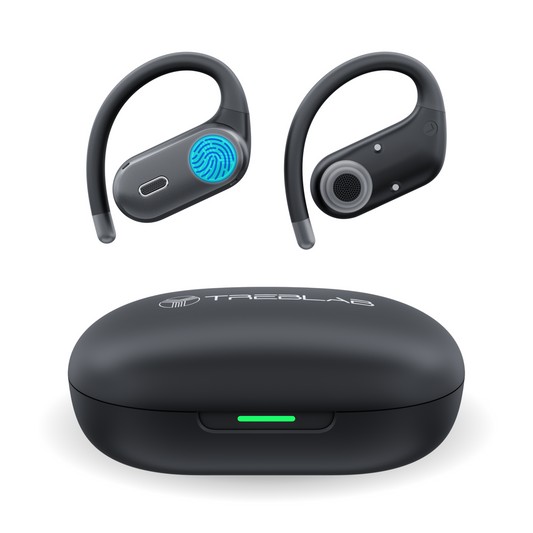 Black wireless earbuds with charging case and smartphone displaying app interface on a white background