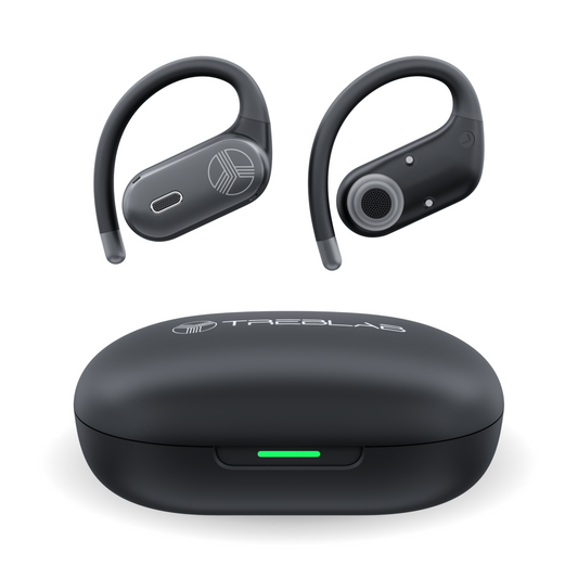 Black wireless earbuds with charging case and smartphone displaying app interface on a white background