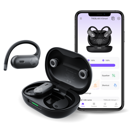 Black wireless earbuds with charging case and smartphone displaying app interface on a white background