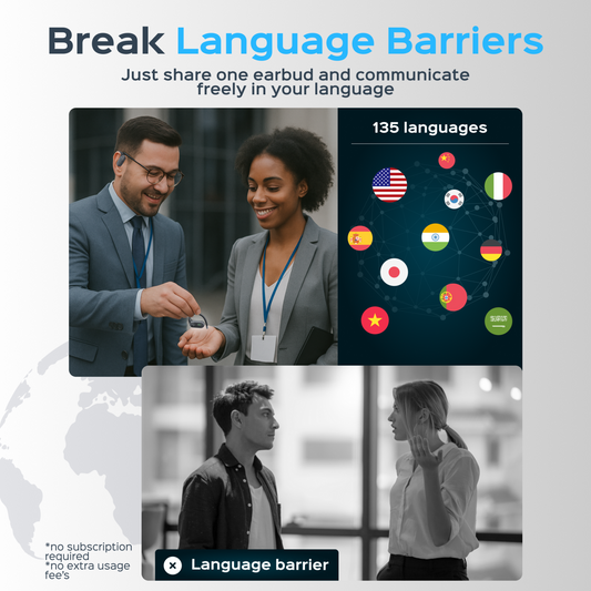 Black wireless earbuds with charging case and smartphone displaying app interface on a white background