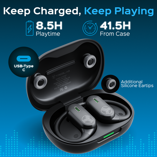 Black wireless earbuds with charging case and smartphone displaying app interface on a white background