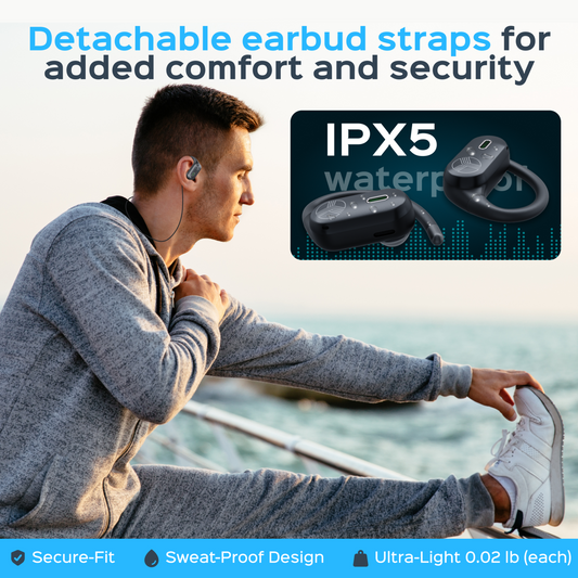 Black wireless earbuds with charging case and smartphone displaying app interface on a white background