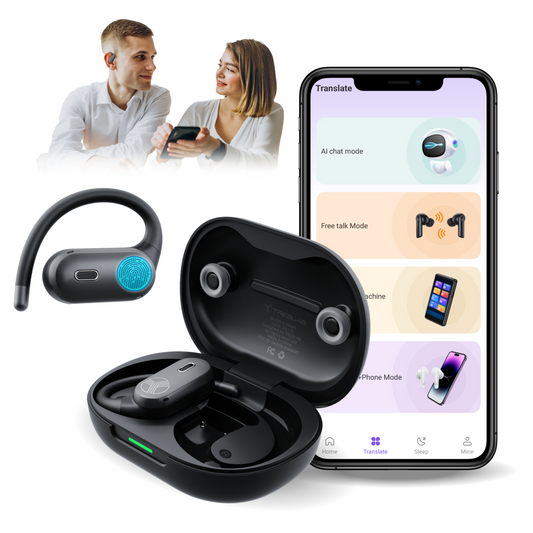 Black wireless earbuds with charging case and smartphone displaying app interface on a white background