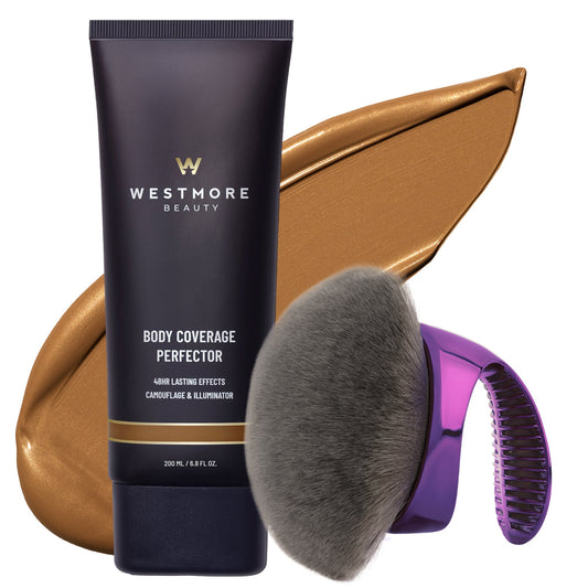 Westmore Beauty Body Coverage Perfector makeup tube shown with a large metallic gold smear behind it and a dual-ended brush applicator in front on a white background.