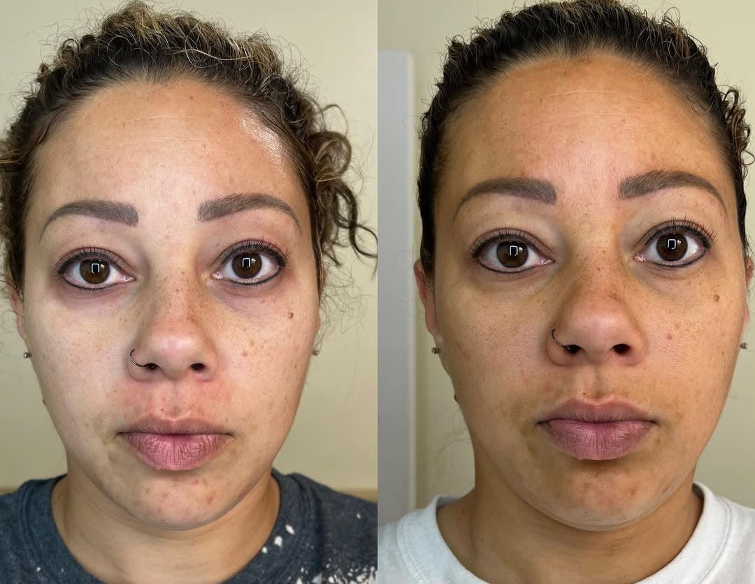 Side-by-side comparison of a woman's face before and after makeup application.