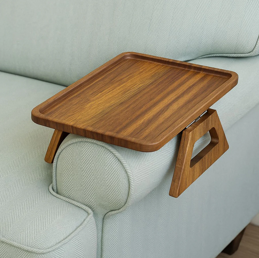Wooden tray attached to a sofa armrest