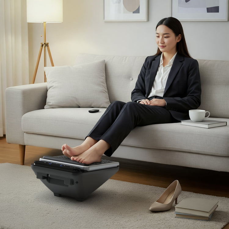 Woman using a foot massager on a couch in a living room setting