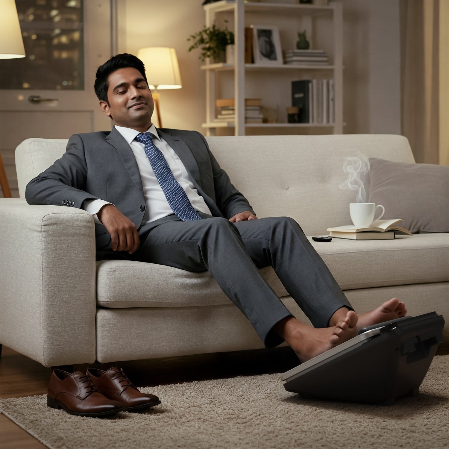 Man in a suit sitting on a couch with a briefcase and coffee cup in a home setting