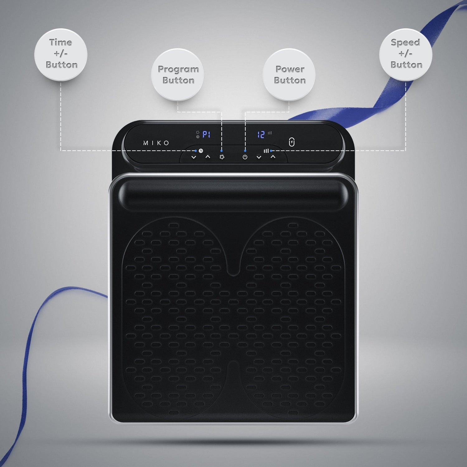 Black electronic device with control buttons on a gray background