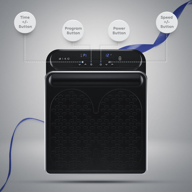 Black electronic device with control buttons on a gray background