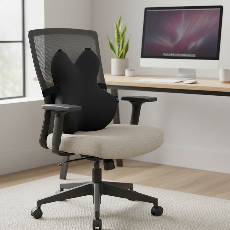 Ergonomic office chair in a modern office setting with a computer monitor.