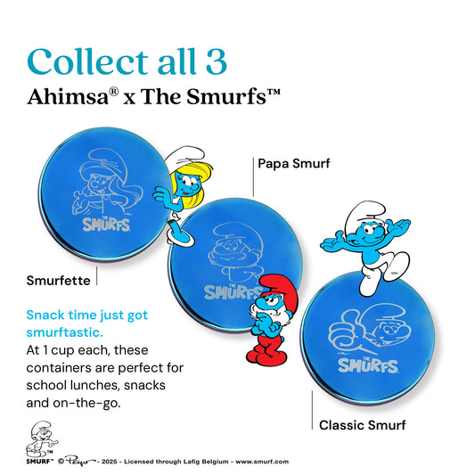 Three blue metal containers with colorful rims on a white background - each with a Smurf etched on the lid along with The Smurfs logo - Papa Smurf, Smurfette, and Classic Smurf